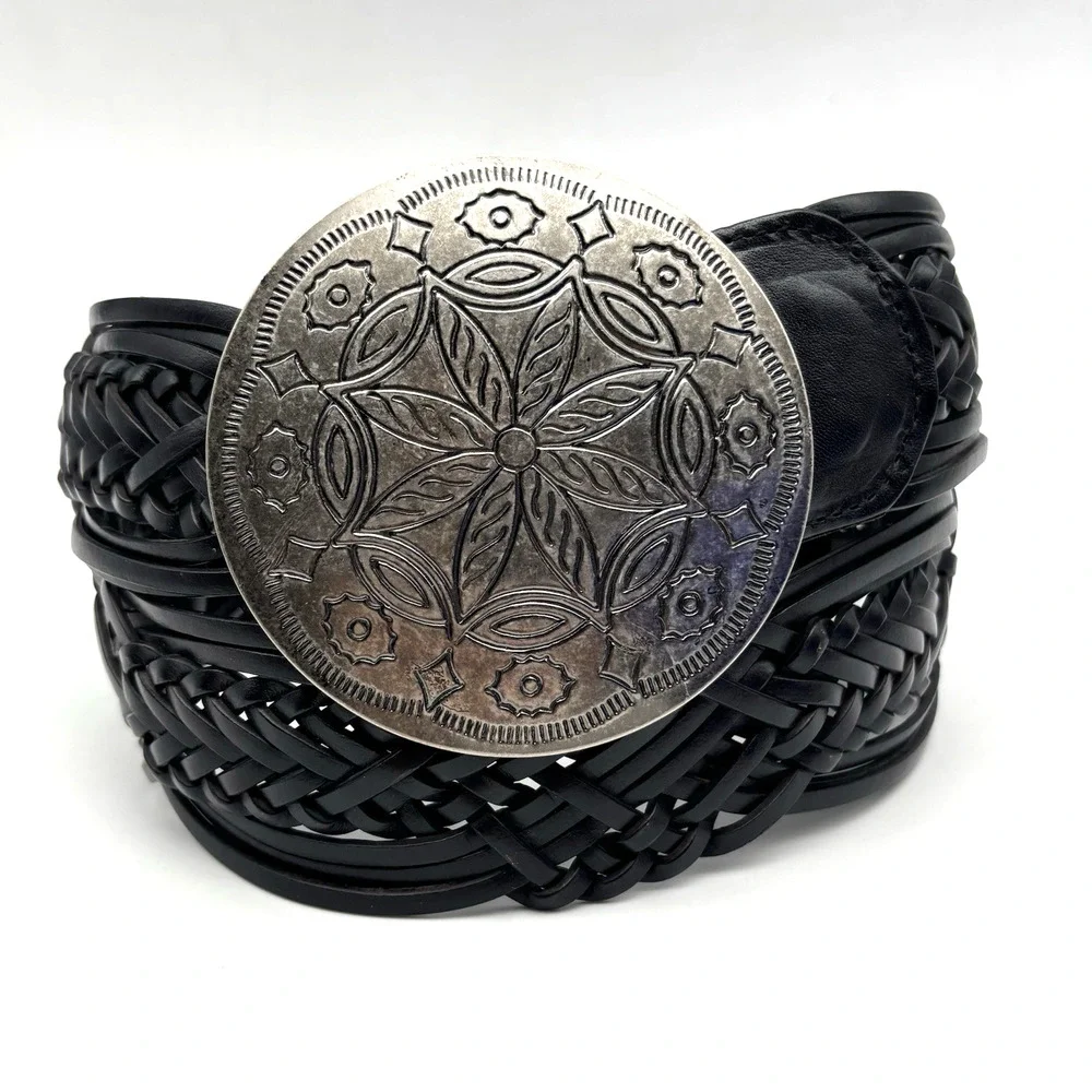 Vintage Y2K New York & Co Black Braided Leather Medallion Buckle Wide Belt M 34